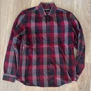 Express Men's Red Plaid Shirt - Medium